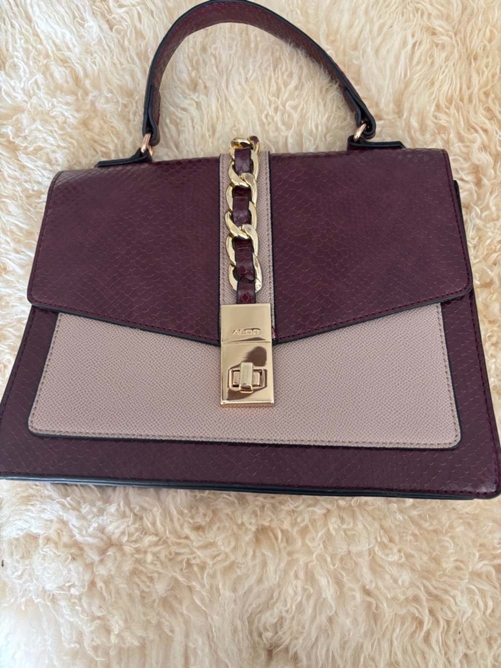 Aldo Burgundy and Taupe Top Handle Satchel with Gold Chain Accent